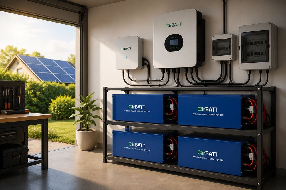 Installation de stockage stationnaire cirBATT avec panneaux solaires